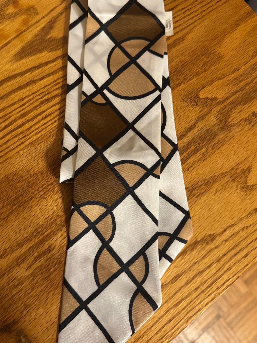 Geometric Print Silk Scarf in White and Brown